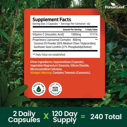 ForestLeaf Liposomal Vitamin C 1400mg Capsules | High Dose Vitamin C Liposomal Supplement w Coconut Oil Fatty Acids | Fast Absorption | Immune Support, Antioxidant,