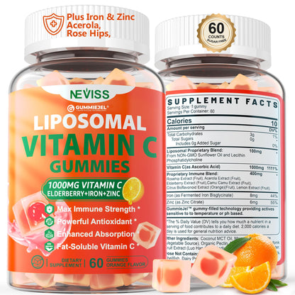 Liposomal Vitamin C 1000mg Gummies for Adults - Vitamin C Chewable with Elderberry, Zinc & 8mg Iron, Sugar Free Vit C Supplements, Daily Immune Support Gummies for Energy