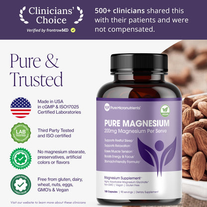 Pure Magnesium Glycinate Supplement – Highly Absorbable Chelated Magnesium to Support Sleep, Muscle & Nerve Health, Energy, Relaxation & Bone Health – 200mg Per Serving, 180 Capsules Pure MicronutrientsBuy Supplements Australia