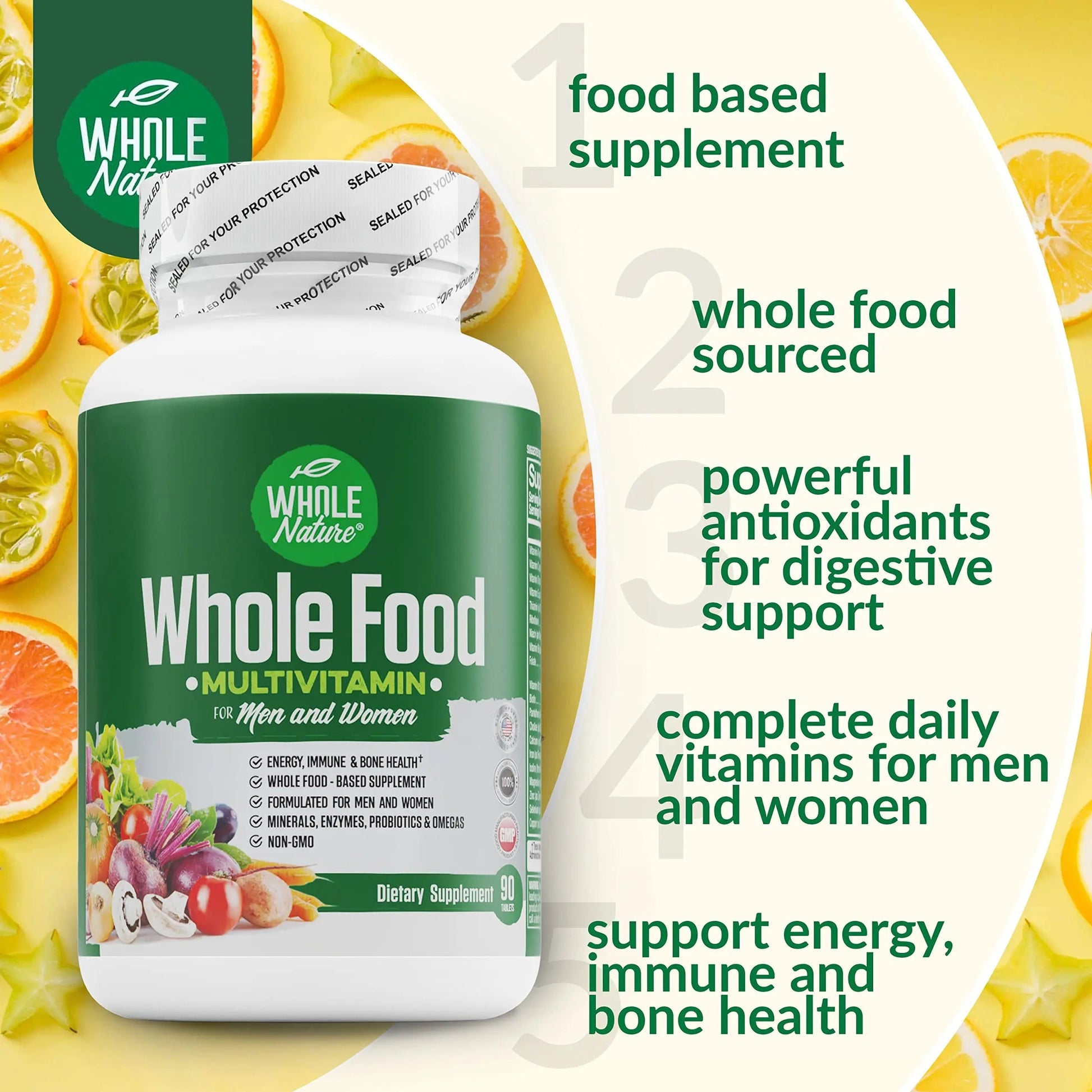 Whole Nature Whole Food Multivitamin for Men and Women Complete Daily Superfood Vitamins Plus Minerals Digestive Enzymes Whole Nature
