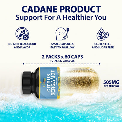 Cadane 2 Packs Citrus Bergamot Extract Capsules with Berberine, Olive, Guggul, Garlic, Pine Bark, Black Pepper | 4 Months Supply