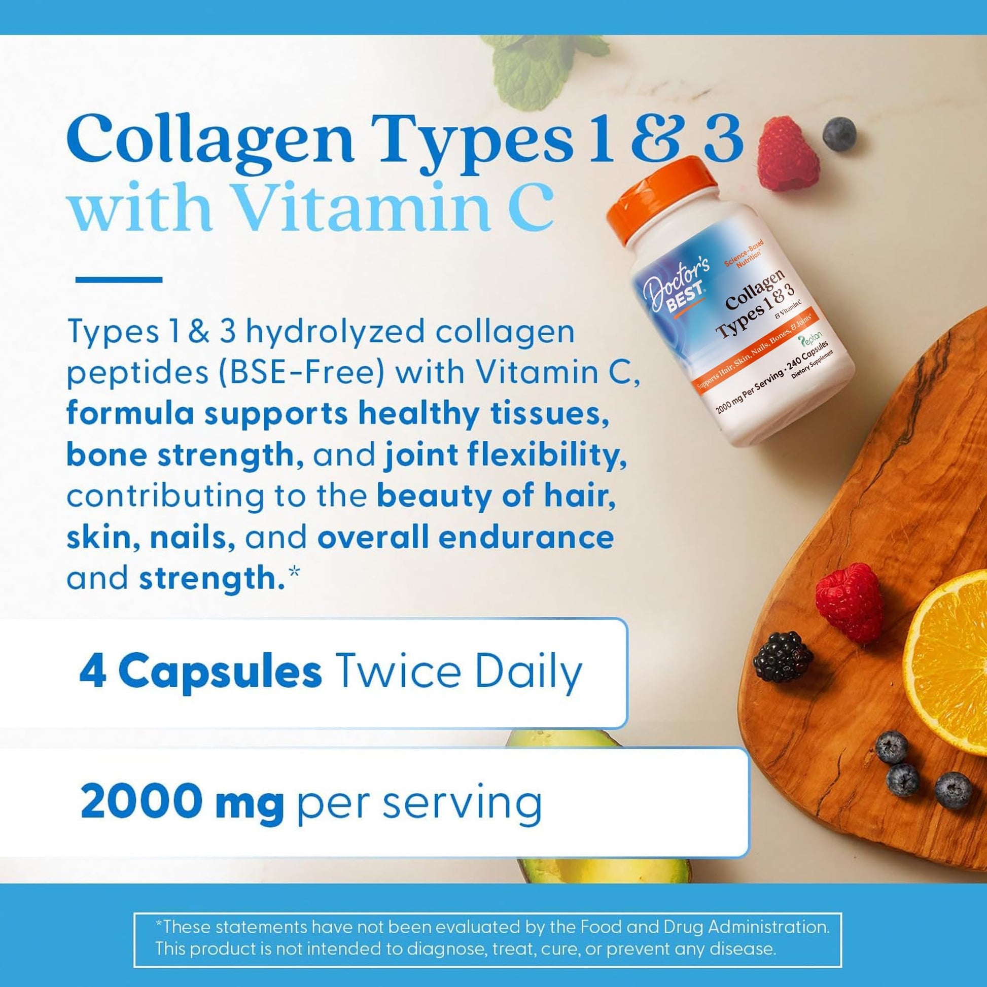 Doctor's Best Collagen Types 1 & 3 with Vitamin C, Non-GMO, Gluten Free, Soy Free, Supports Hair, Skin, Nails, Tendons & Bones, 500 mg, 240 Caps (DRB-00263) Doctor's BEST buy supplements Au