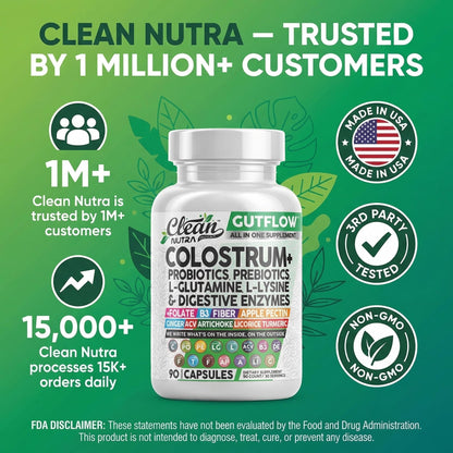 Clean Nutraceuticals Colostrum Supplement Capsules Probiotics Pills Prebiotics, L-Glutamine, Digestive Enzymes, Folate, Fiber, ACV, Turmeric, Apple Pectin and Turmeric Pills