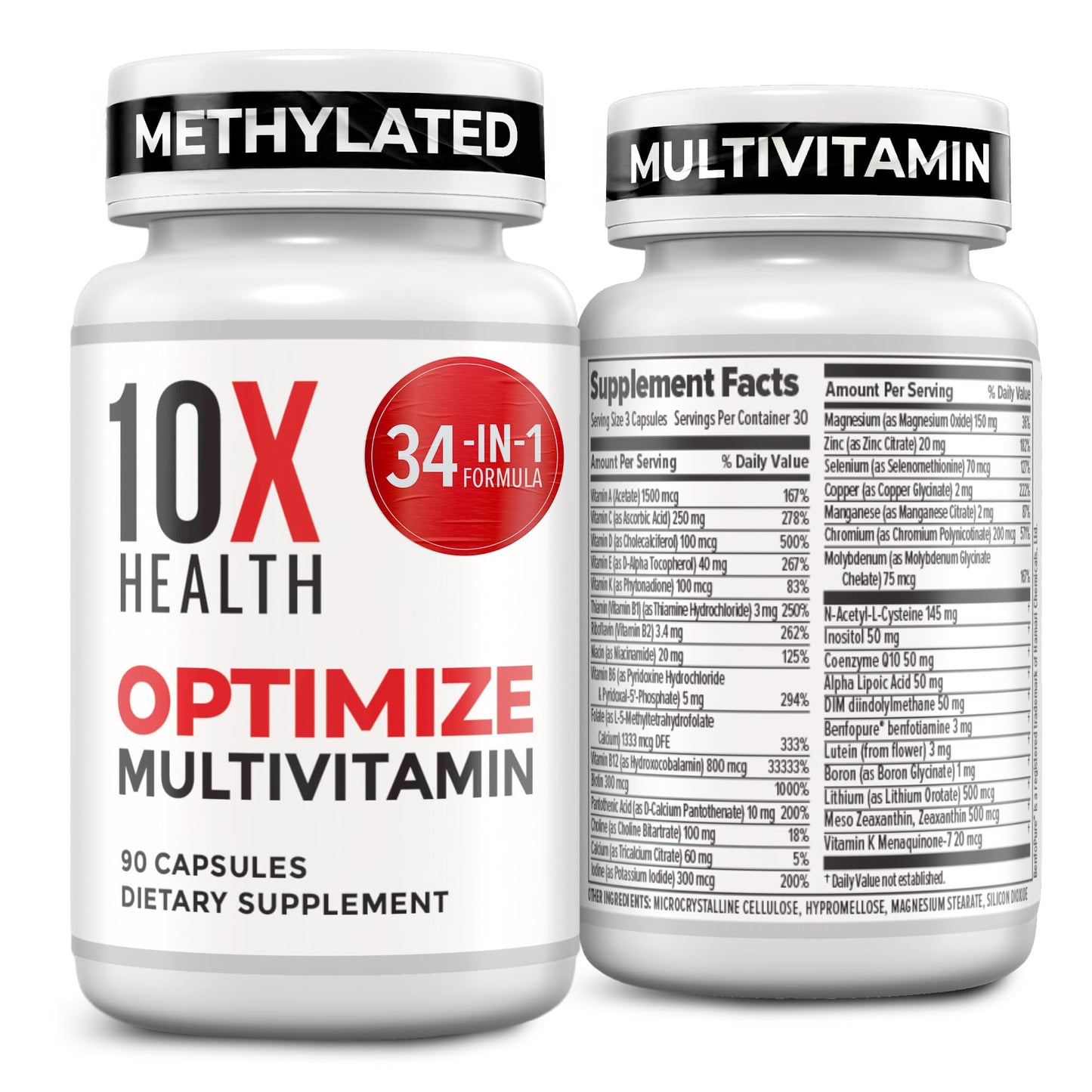 10X Health Optimize Methylated Multivitamin for Men - 90 Capsules, 34 in 1 Formula with 800 mcg of Vitamin B12, 5-MTHF, NAC