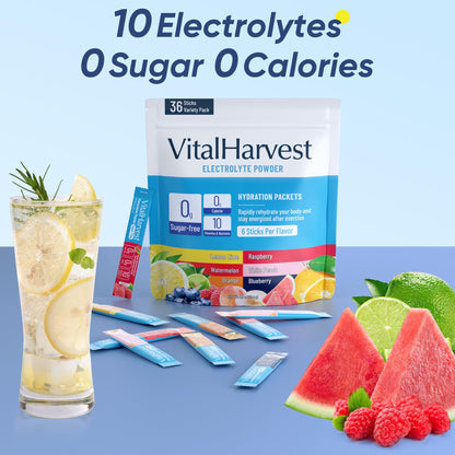 VitalHarvest 36 Sticks Electrolytes Powder Packets 6 Flavors Sugar Free Hydration Packets Electrolyte Liquid Daily IV Drink Mix with Lemon Lime, Watermelon, Orange