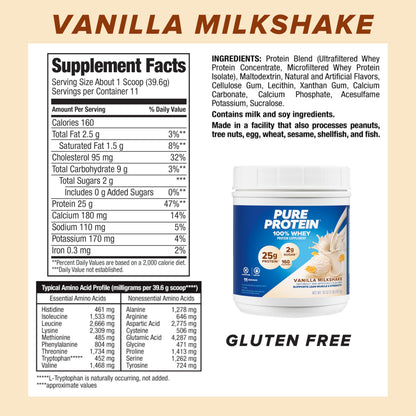 Pure Protein Powder, Whey, High Protein, Low Sugar, Gluten Free, Vanilla Cream, 1 lb