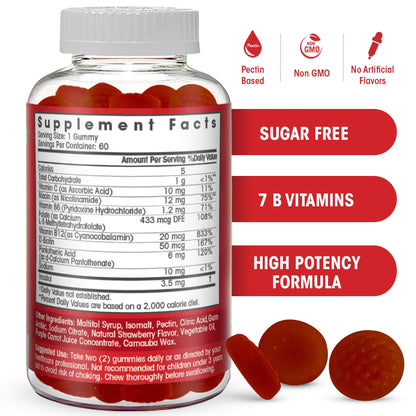 Sugar Free Vitamin B Complex Gummies - Vitamin B12, B7, B6, B3 (Niacin), B5, B8, B9 (Folate)- Third Party Tested- Prenatal, Vegan Diet, Older Adults