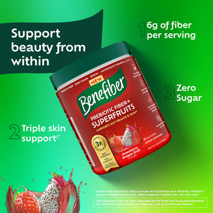Benefiber Prebiotic GLP-1 Friendly Fiber + Superfruits Dietary Supplement, Strawberry Dragon Fruit Flavor, 8.8 oz (250g)