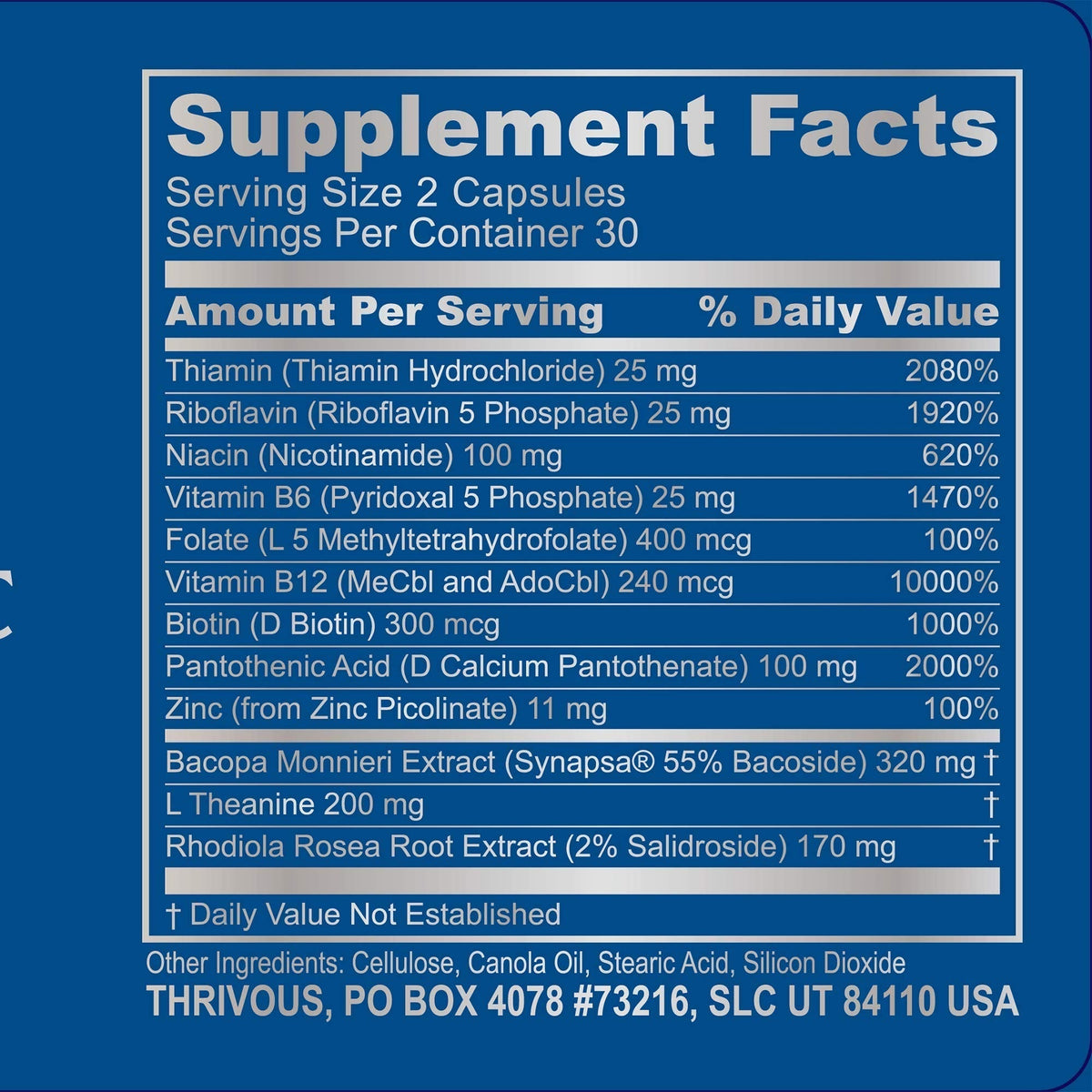 Thrivous Clarity Daily Nootropic – Cognitive Support & Mood Formula with Bacopa (Synapsa®), L-Theanine, Rhodiola Rosea, Vitamin B Complex & Zinc Picolinate – 60 Vegan Capsules ThrivousBuy Supplements Australia