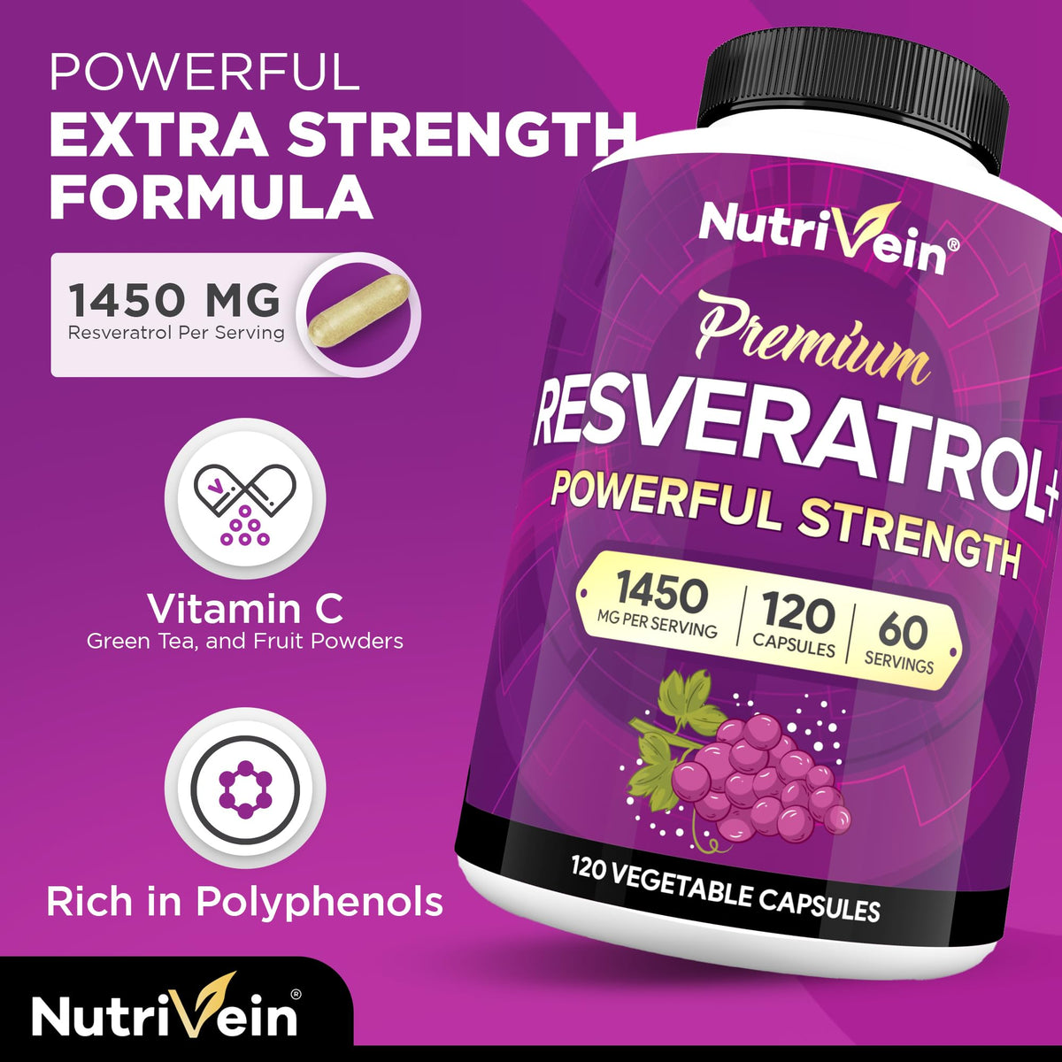 Nutrivein Premium Resveratrol 1450mg - 120 Caps: Pure Trans Resveratrol Supplement Enhanced with Green Tea Leaf & Acai Berry
