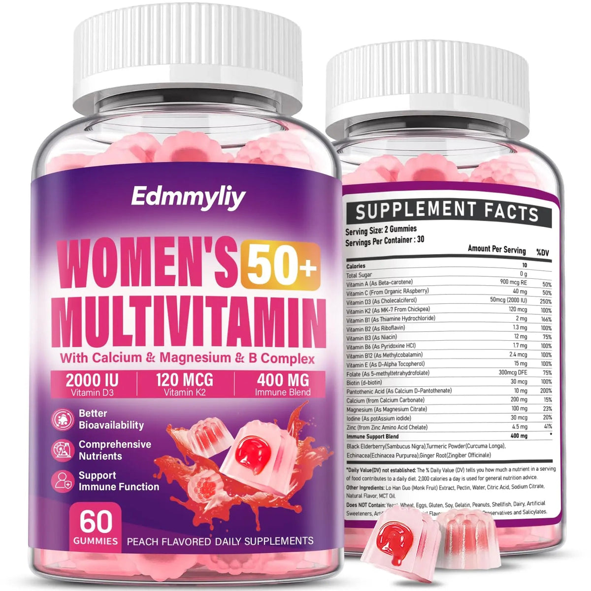 Womens Multivitamin Gummy 50 and Over - Chewable Multi Vitamin A, C, D3, E, K2 & B Complex, Folate, Biotin, Calcium, Magnesium Edmmyliy