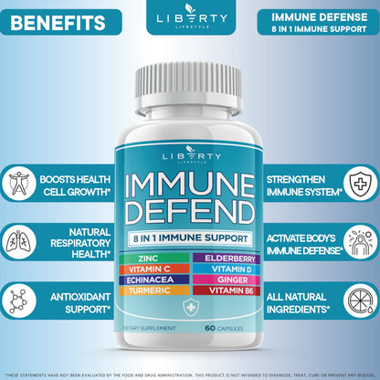 8 in 1 Immune Defense Support, Immunity Vitamins Supplement Booster Zinc 50mg, Vitamin C Elderberry VIT D3 5000 IU, Turmeric Curcumin & Ginger