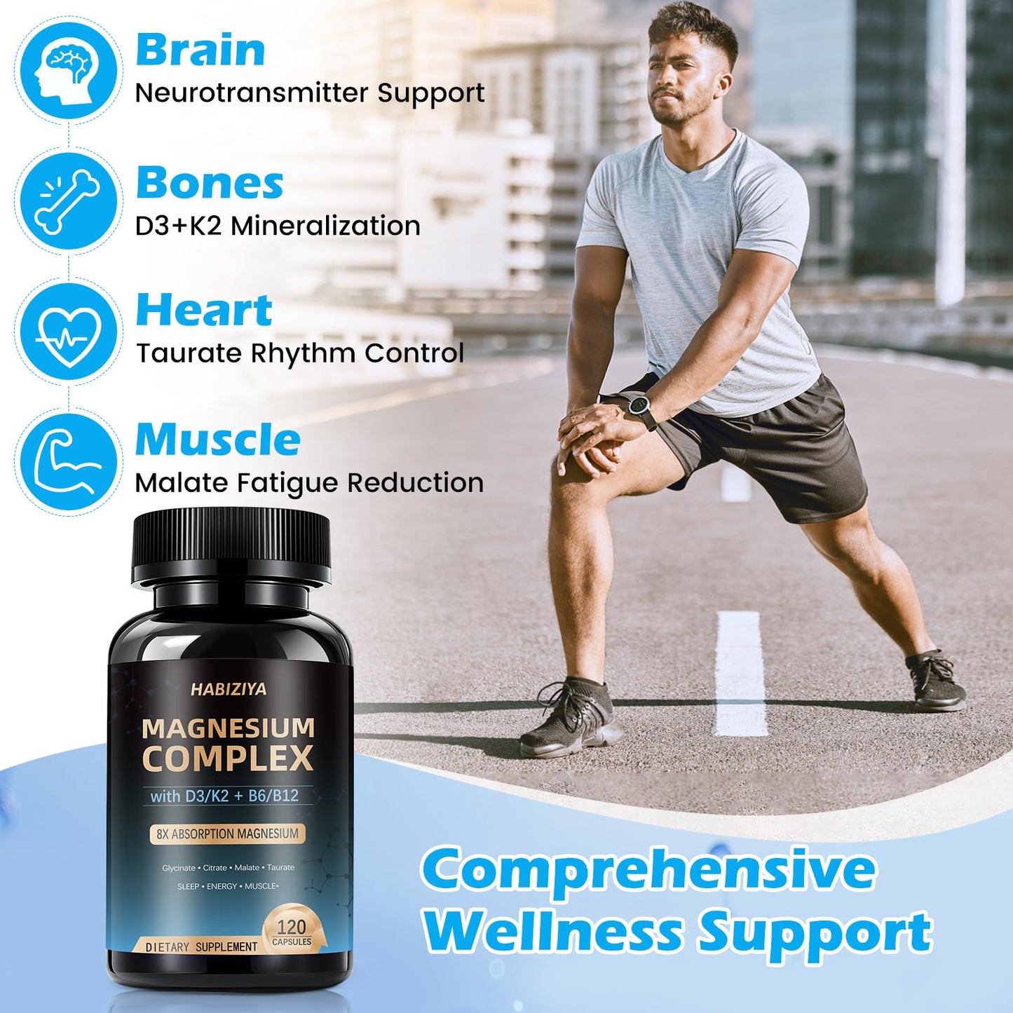 Magnesium Complex Supplement 600mg with with D3 K2 MK7 & B Vitamins High Absorption Capsules with Glycinate, Citrate & Malate,Taurate Relaxation,Muscle,Heart Support, Vegan 120 Capsules HABIZIYA buy supplements Au