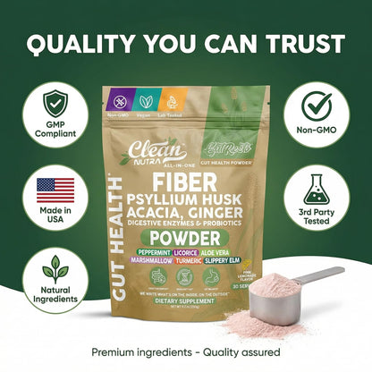 GutResto Fiber Supplement Psyllium Husk Powder Probiotic Gut Health Digestive Enzymes Prebiotic L-Glutamine Slippery Elm Aloe Vera Marshmallow Root Turmeric Ginger