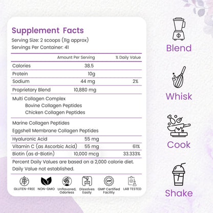 Multi Collagen Peptides Powder, 1 Pounds collagen powder- Type I,II,III,V,X with Biotin 10000mcg, Hyaluronic acid powder, Vitamin C - Unflavored Collagen Protein Powder