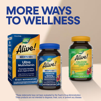 Nature’s Way Alive! Men’s 50 Plus Premium Gummy Multivitamin, Supports Healthy Heart, Brain & Muscle Function with High Potency B-Vitamins, Vitamin A, C, D3