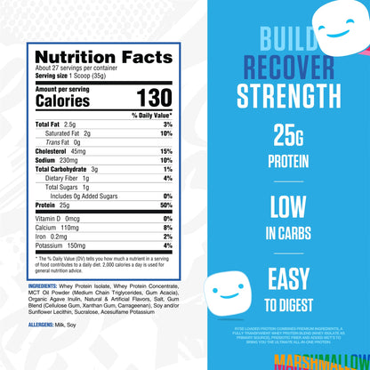 RYSE Loaded Protein Powder - Jet-Puffed Marshmallow - 25g Whey Protein Isolate & Concentrate with Prebiotic Fiber & MCTs - Low Carb, Low Sugar, Digestive-Friendly - 27 Servings / 2 lb Tub