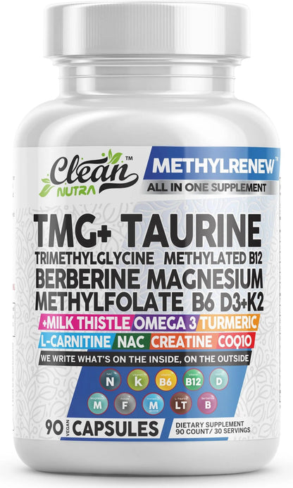 Clean Nutra TMG Supplements 1000mg | Methylated Multivitamin for Women Men | Taurine B6 Vitamins B12 D3 K2 Trimethylglycine Magnesium Clean Nutraceuticals