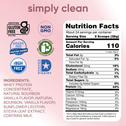 simply tera's Pure Whey Protein Powder - Grass Fed Vanilla Whey Protein Powder, Clean, Made Without Artificial Sweeteners, Non-GMO, Kosher, rBGH-Free, Soy-Free - 24 Oz