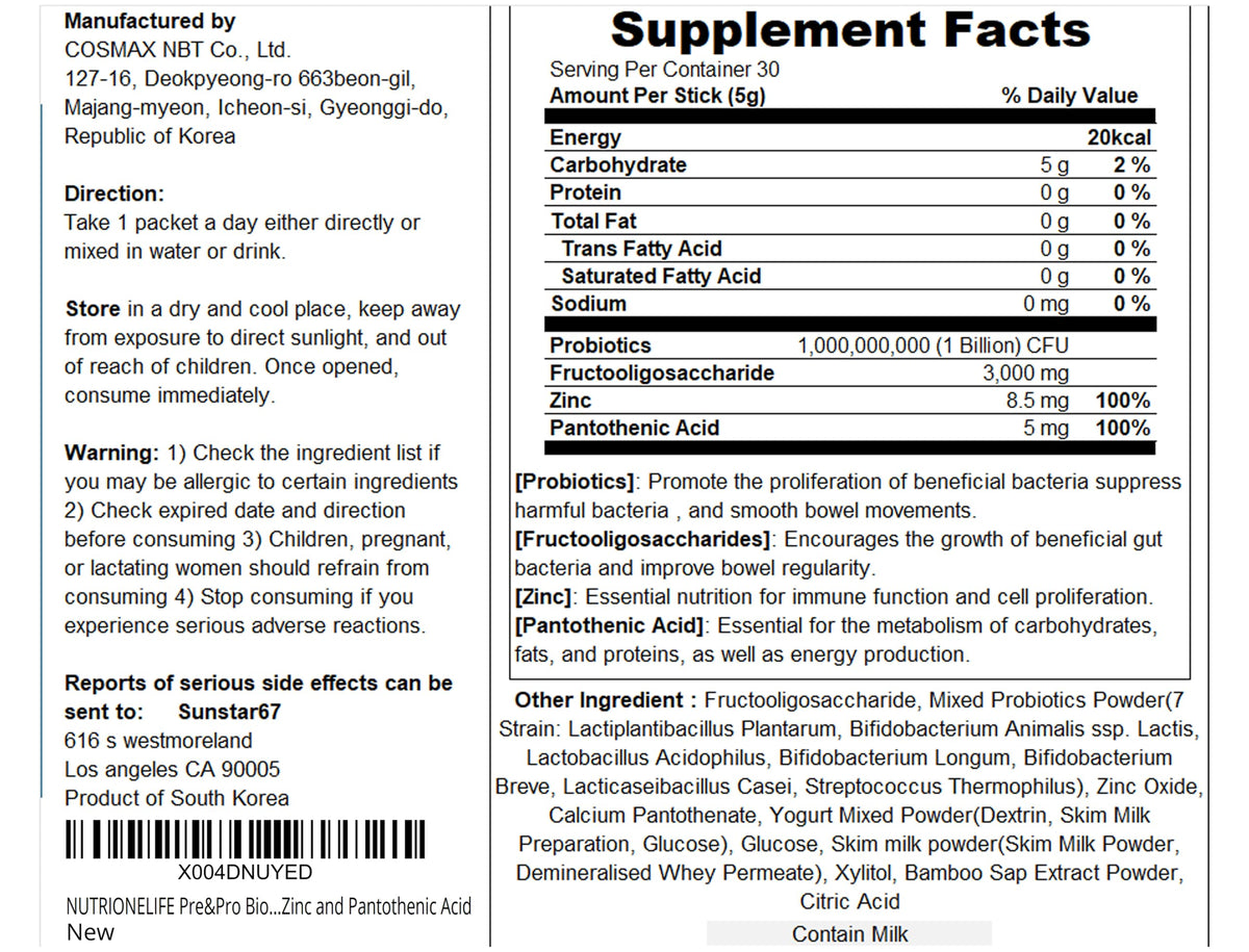 NUTRIONELIFE Pre&Pro Biotics, 1Billion CFU, Powder Type Korea Probiotics, Multi-Strain Probiotic Blend, Supports Digestive Wellness,