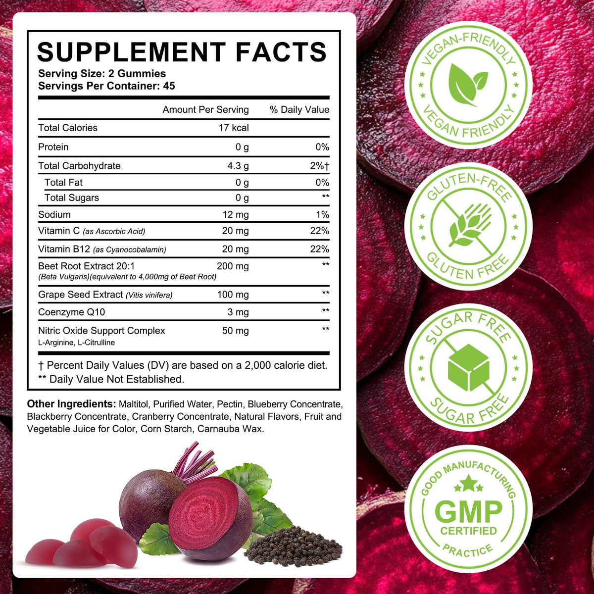 ECHTEYUN Super Beetroot Gummies, 8 in 1 Beet Root 4,000mg with Grape Seed Extract & CoQ10, Sugar Free - 90 Count (1)