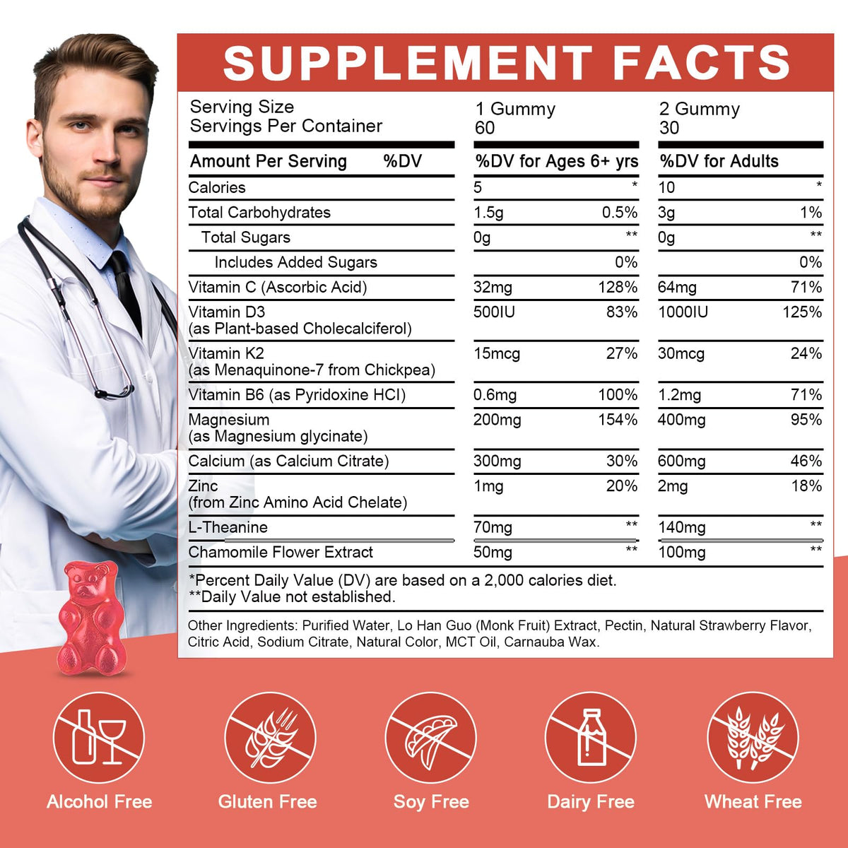 Magnesium Glycinate Gummies for Kids & Adults - Relaxation & Cognition Support - 400/200mg Magnesium Supplement with L-Theanine, Chamomile, B6, D3 & K2 - Vegan, Sugar Free, Strawberry Flavor, 60 Ct WOGORGTBuy Supplements Australia