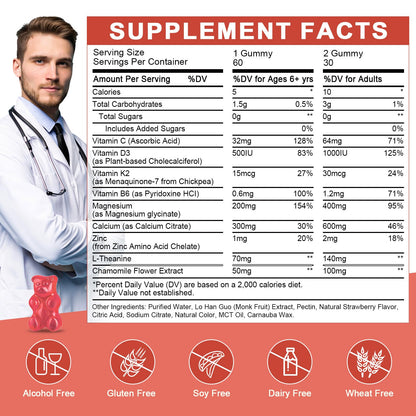 Magnesium Glycinate Gummies for Kids & Adults - Relaxation & Cognition Support - 400/200mg Magnesium Supplement with L-Theanine, Chamomile, B6, D3 & K2 - Vegan, Sugar Free, Strawberry Flavor, 60 Ct WOGORGTBuy Supplements Australia