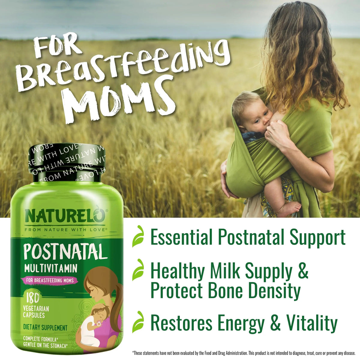 NATURELO Postnatal Multivitamin - Supplement for Breastfeeding Women - Plant-Based Vitamin D, Folate, Gentle Iron NATURELO