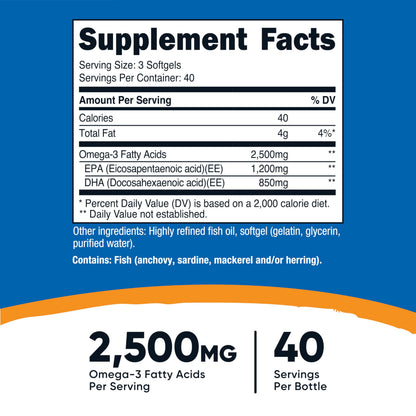Nutricost Omega 3 Fish Oil - 2500MG, 120 Softgels (40 Serv) - Fish Oil, Wild Caught! 1200mg EPA 850mg DHA
