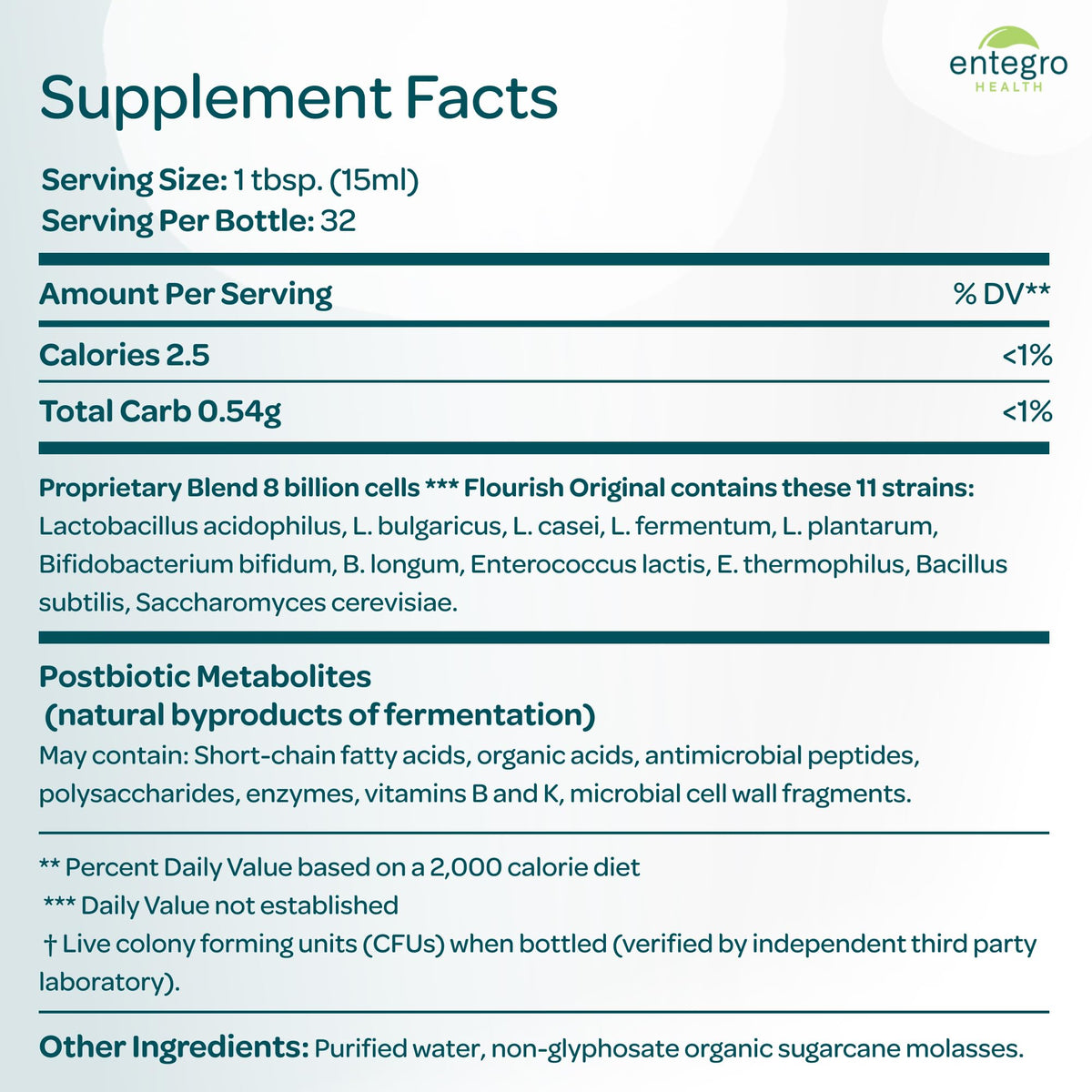 ENTEGRO Flourish Original Liquid Probiotic & Postbiotic Supplement - Glass | 11 Live Cultures | Gut & Digestive Health for Women, Men & Kids | Organic, Vegan