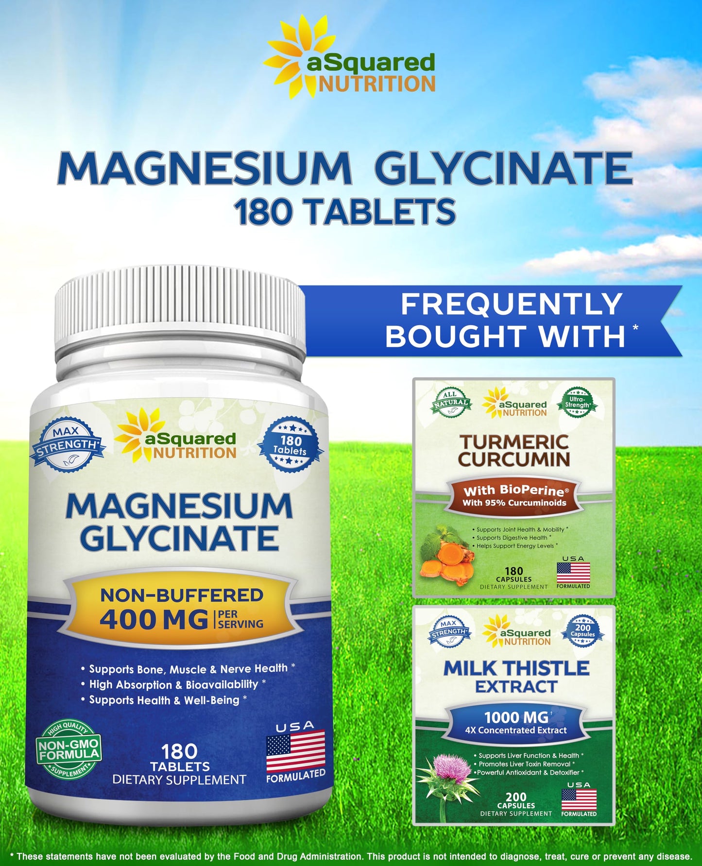 aSquared Nutrition Magnesium Glycinate 400mg - 180 Tablets - Max Strength Magnesium Bisglycinate Supplement -Maximum Bioavailability & Absorption-Non-GMO