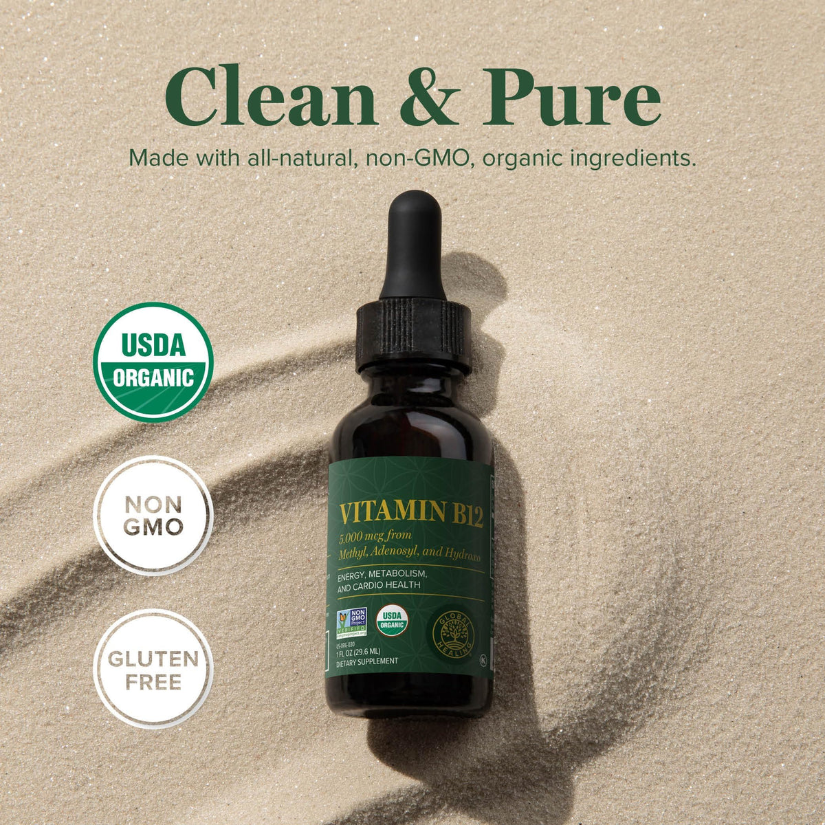 Global Healing Center - Vitamin B12 Sublingual 5000 MCG Organic Liquid Supplement, Methylcobalamin, Adenosylcobalamin, Hydroxo Long-Lasting Energy