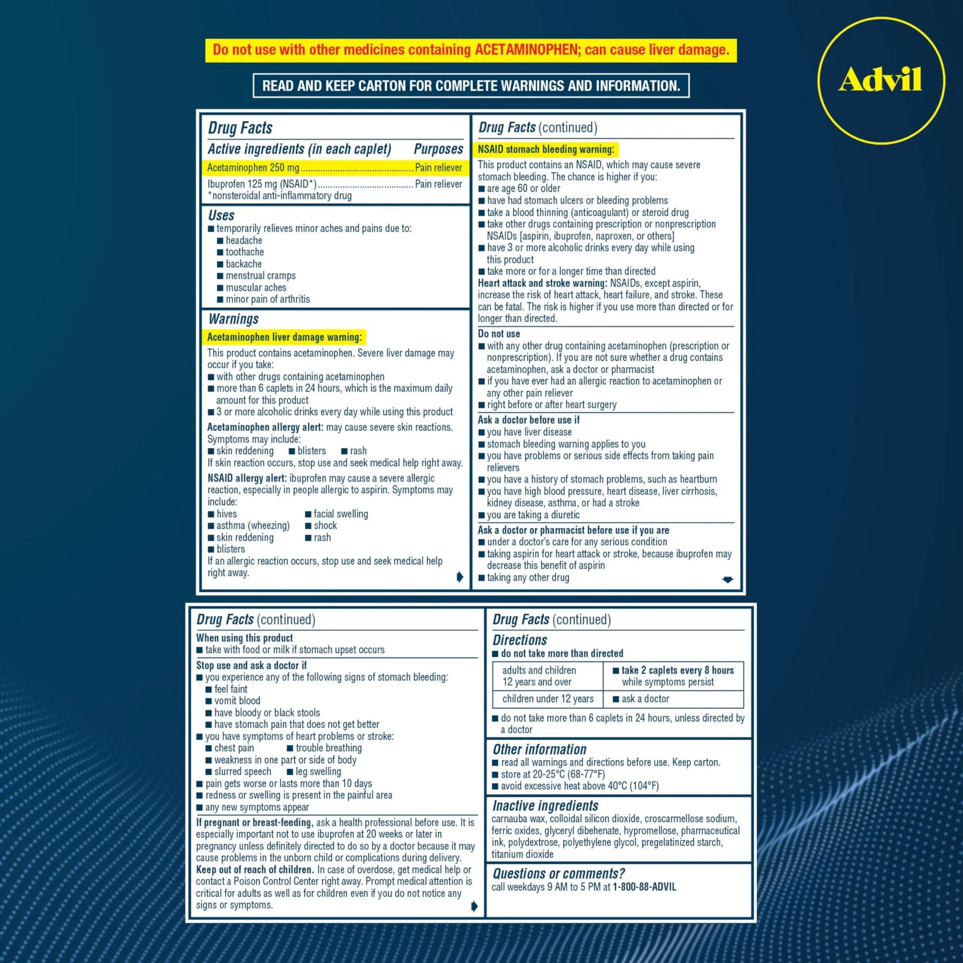 Advil Dual Action Coated Caplets with Acetaminophen, 250 Mg Ibuprofen and 500 Mg Acetaminophen Per Dose (2 Dose Equivalent) for 8 Hour Pain Relief - 72 Count AdvilBuy Supplements Australia