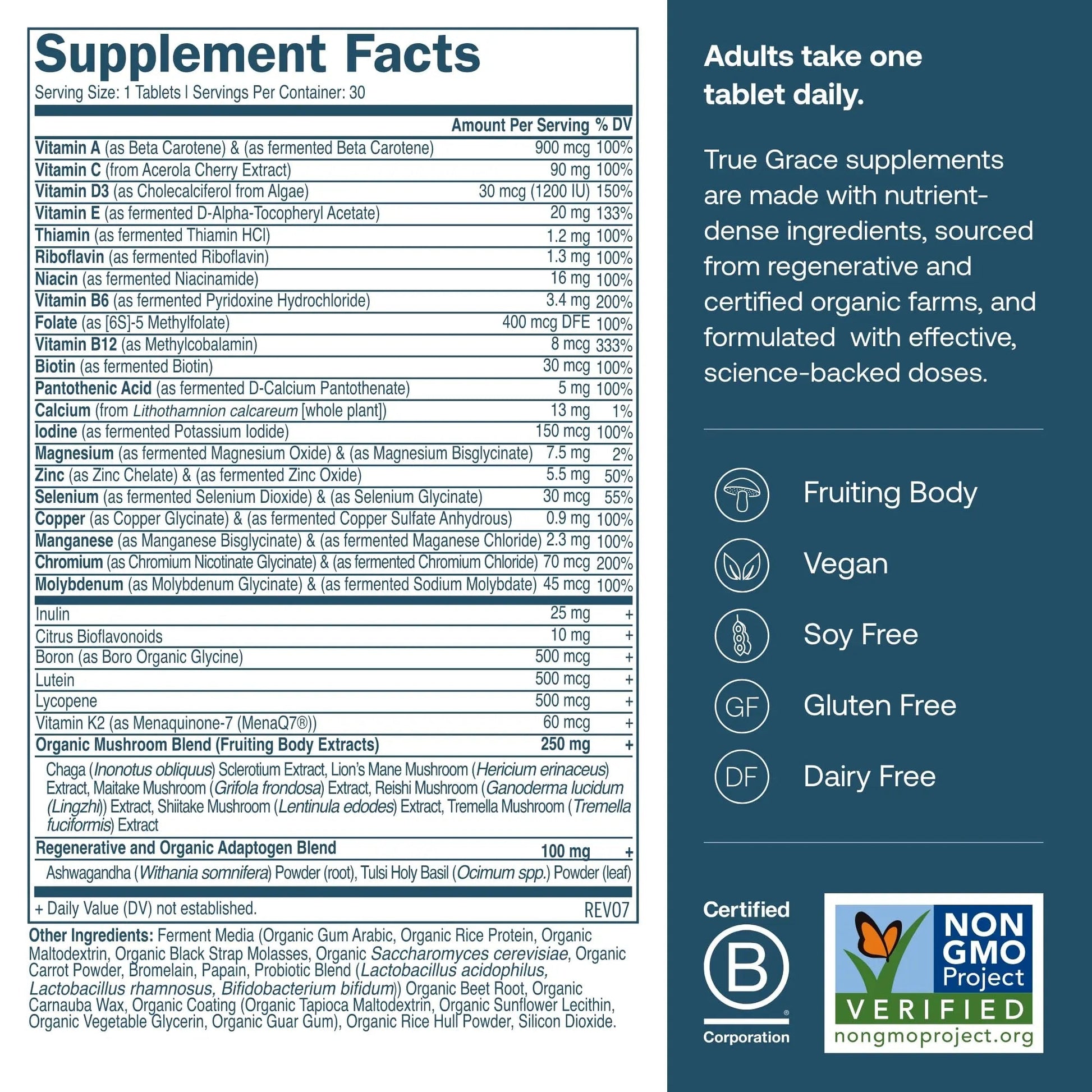 True Grace Men's 40+ One Daily Multivitamin Fermented Minerals, Organic Adaptogens & Mushrooms Whole Body Balance Immune True Grace