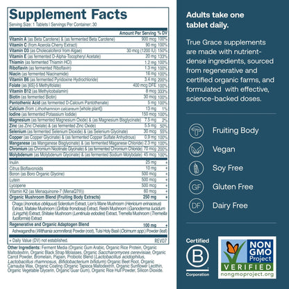 True Grace Men's 40+ One Daily Multivitamin Fermented Minerals, Organic Adaptogens & Mushrooms Whole Body Balance Immune True Grace