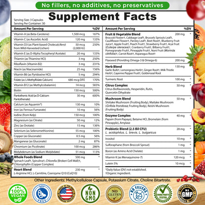 Vegan Whole Food Daily Multivitamin with Iron, Methylated Multivitamin for Women and Men, Made with Fruits & Vegetables, B-Complex, Probiotics, Enzymes