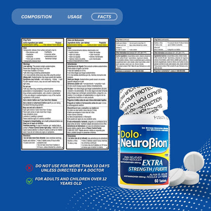 Dolo Neurobion Pain Reliever, Fever Reducer, Extra Strength. Alivia el Dolor,Reduce la Fiebre, Extra Fuerte. 60 Tablets. Acetaminophen 500 mg NeurobionBuy Supplements Australia