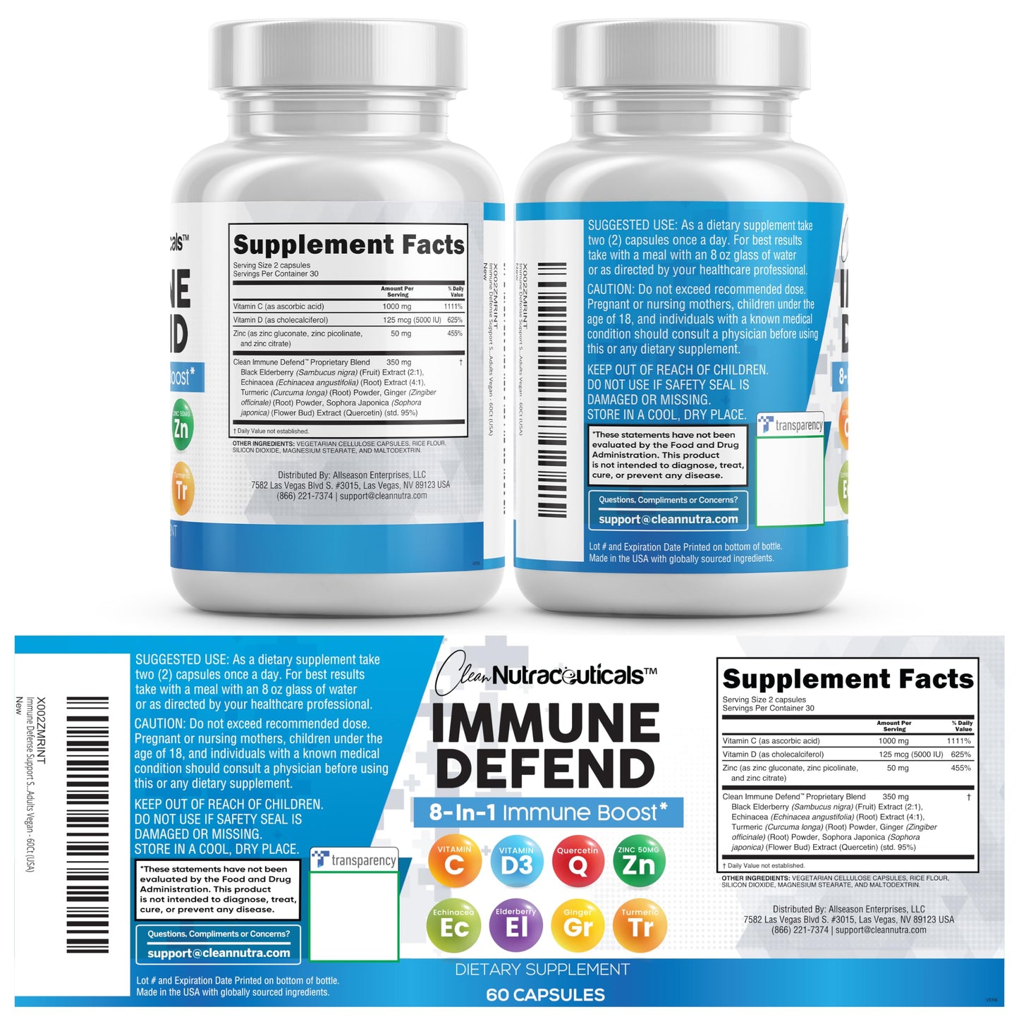 Clean Nutraceuticals Immune Defense Support Supplement 8 in 1 with Zinc 50mg Quercetin, VIT C 1000mg, Vitamin D3 5000 IU, Elderberry, Ginger - Immunity System Booster for Adults, Vegan - 60 Count Clean NutraceuticalsBuy Supplements Australia