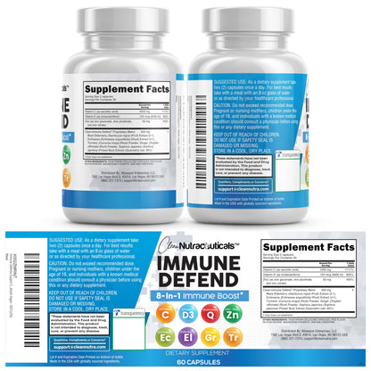 Clean Nutraceuticals Immune Defense Support Supplement 8 in 1 with Zinc 50mg Quercetin, VIT C 1000mg, Vitamin D3 5000 IU, Elderberry, Ginger - Immunity System Booster for Adults, Vegan - 60 Count Clean NutraceuticalsBuy Supplements Australia