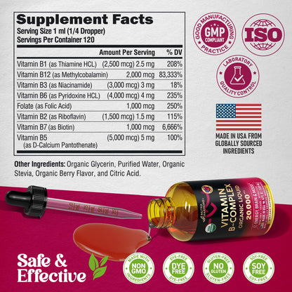 USDA Organic Vitamin B-Complex B5 Pantothenic Acid | B12 Methylcobalamin | B1 Thiamine | B6 Pyridoxine | B7 Biotin | B9 Folic | B3 Niacinamide