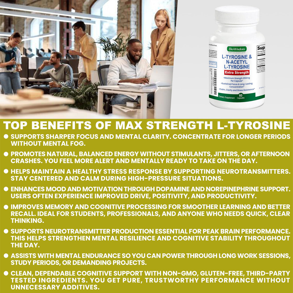 Max Strength L Tyrosine Supplement & N Acetyl L Tyrosine Peak Focus, Alertness, Concentration, Body & Mind Energy. L-Tyrosine 850mg Per 1 Capsule. A Well-Being Nutrient Boost For Performance BioWisdom Nutraceuticals buy supplements Au