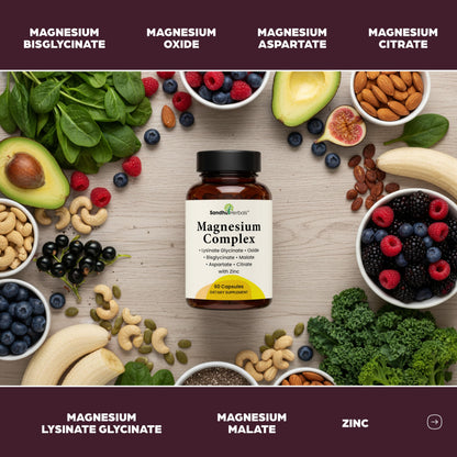 Complete Magnesium Complex 500mg for Women & Men | 60 Capsules | 6 in 1 Mag Supplement with Zinc | Quality Sleep & Muscle Health | Glycinate, Citrate