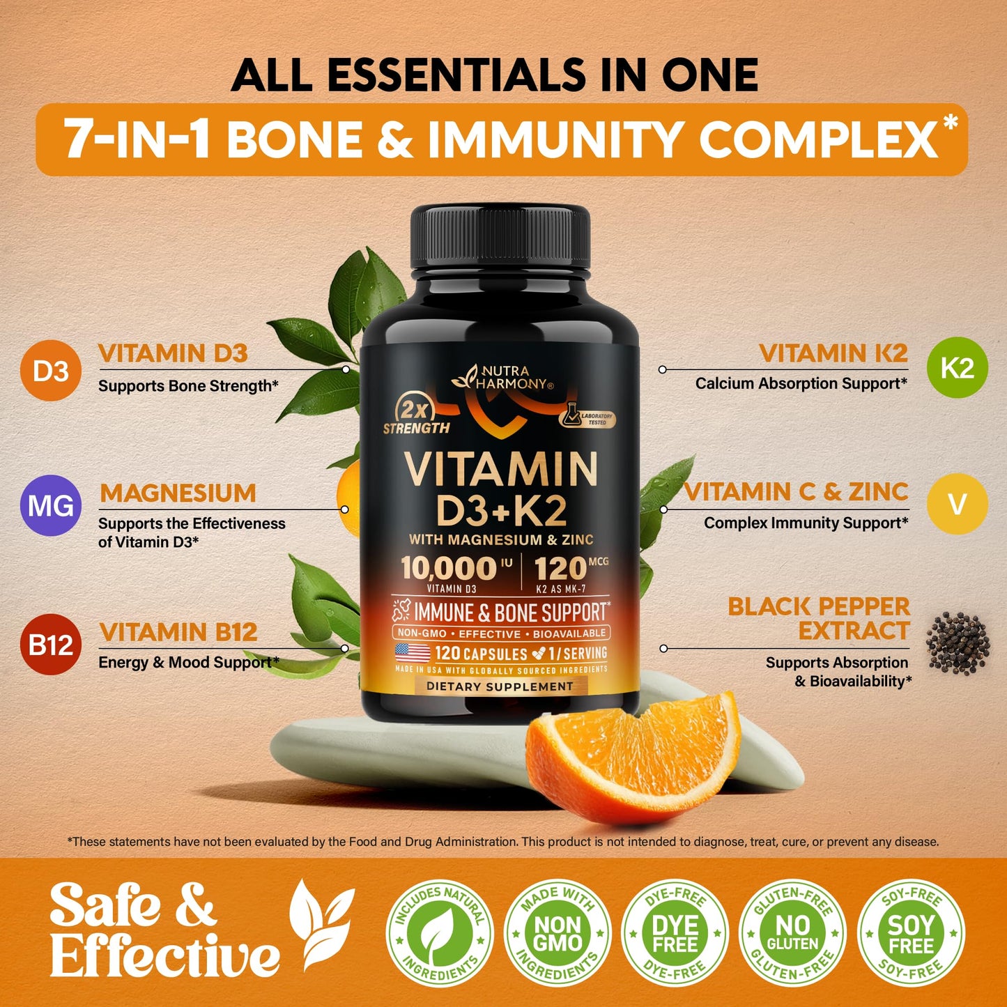 Vitamin D3 K2 - Vitamin D3 10000 iu & K2 as MK-7 120 mcg - Immune & Mood Support, for Bone & Teeth Health - with Magnesium, Zinc & Vitamin C & B12 - Highly Bioavailable - Made in USA, 120 Capsules NUTRAHARMONY buy supplements Au
