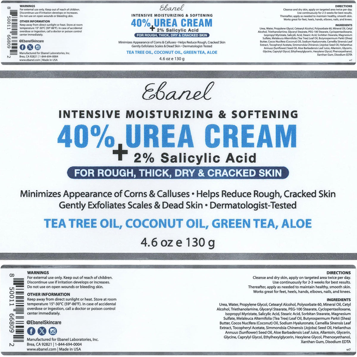 Ebanel Urea Cream 40% plus Salicylic Acid 2%, Foot Cream for Dry Cracked Heels Feet Knees Elbows Hands, Foot Dead Skin Cuticle Callus Remover Toenail Softener, Keratolytic Skin Barrier Repair