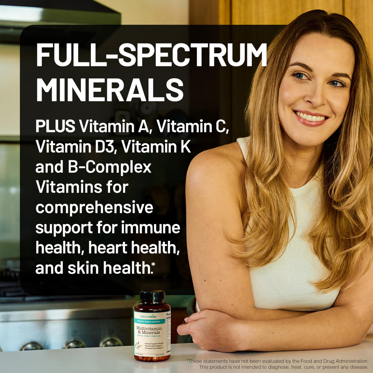 NatureWise Multivitamin for Women + Stress Support with Organic Whole Foods & Natural Minerals - B-Complex + Vitamin C + D3 K2 for Immunity, Hair, Skin & Nails