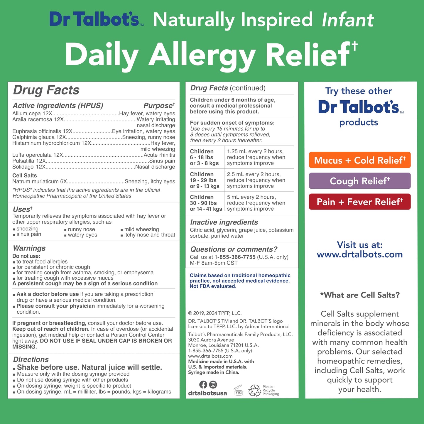 Dr. Talbot's Infant Daily Allergy Relief Liquid Medicine, Naturally Inspired for Babies, Includes Syringe, Grape Juice Flavor, Purple, 4 Fl Oz