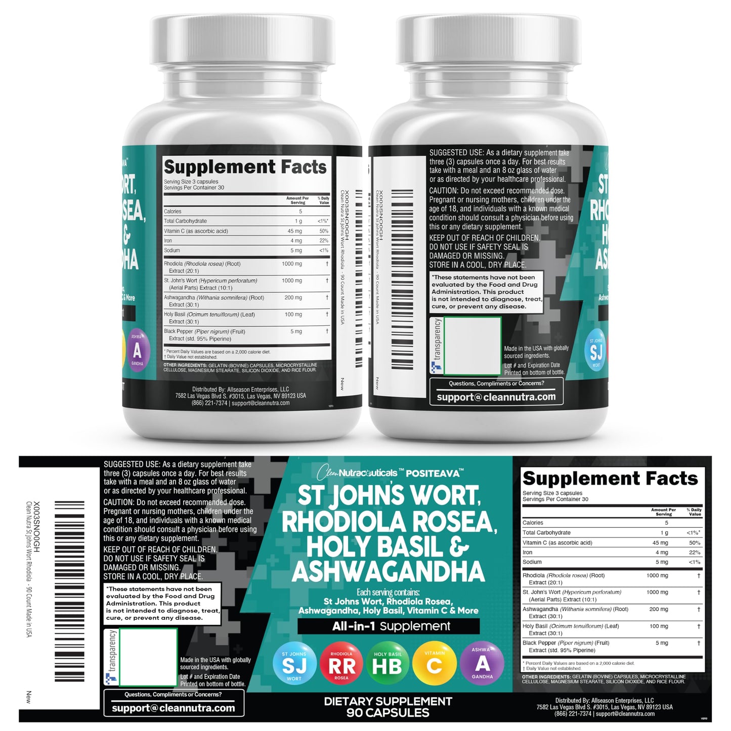 Clean Nutraceuticals St Johns Wort Rhodiola Rosea Holy Basil Ashwagandha - Mood Support for Women and Men with Vitamin C & Black Pepper Extract - 90 Caps