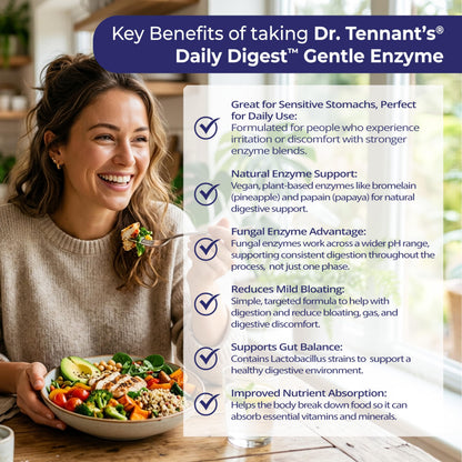 Dr. Tennant's Digestive Enzymes with Bromelain, Papain and Lipase - Bloating Relief and Gas Support for Sensitive Stomachs, Vegan, 27-Enzyme Blend,