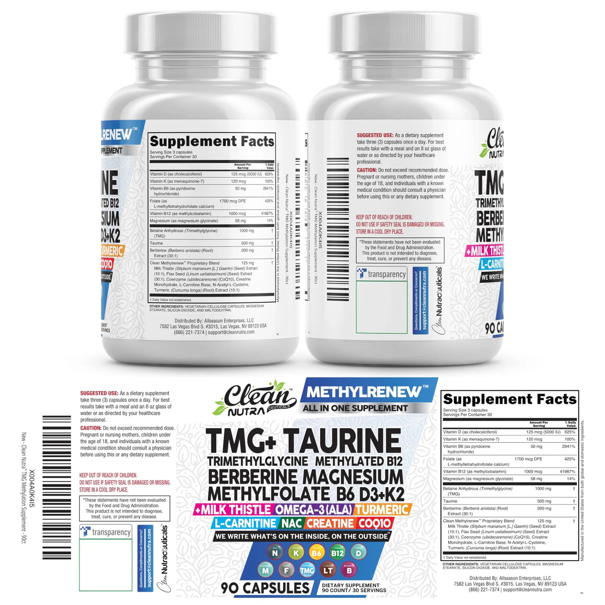 Clean Nutra TMG Supplements 1000mg | Methylated Multivitamin for Women Men | Taurine B6 Vitamins B12 D3 K2 Trimethylglycine Magnesium Clean Nutraceuticals
