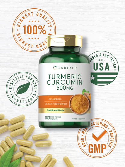 Carlyle Turmeric Curcumin Supplement | 180 Capsules | with Black Pepper Extract | Non-GMO & Gluten Free